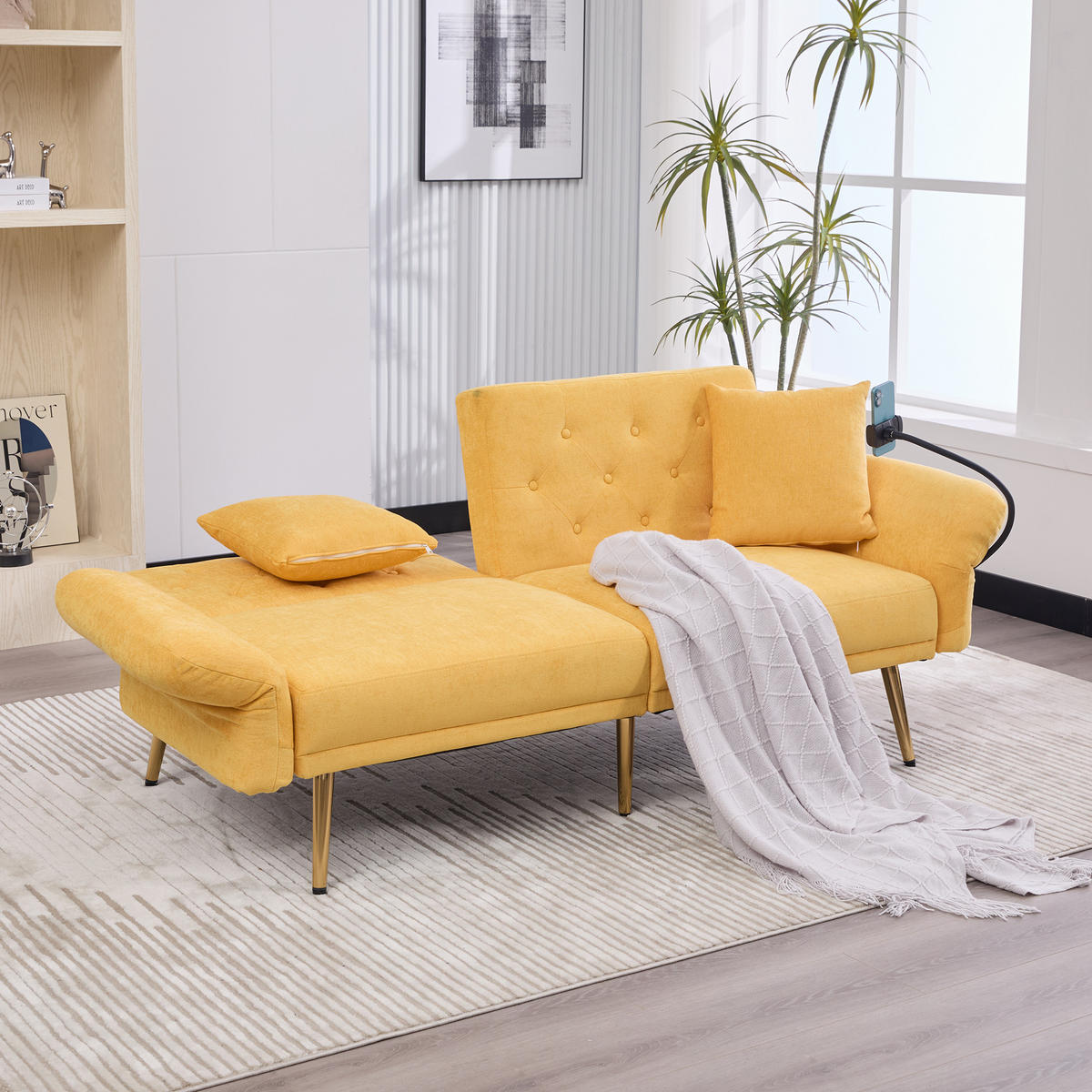SCHLAFSOFA Multifunktionales 2-Sitzer mit verstellbarer Rückenlehne und USB-Anschlüssen Gelb Chenille 173/78/78 cm - Gelb, Textil (173/78/78cm) - OKWISH