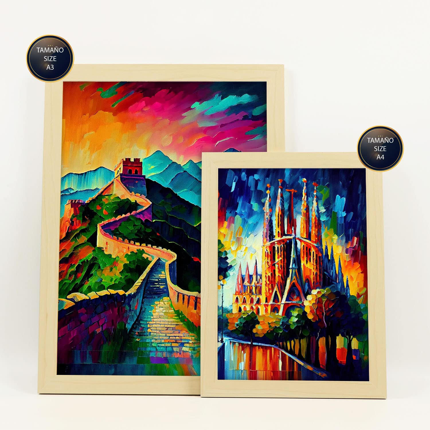 POSTER Set Mit 6 Weg Im Ölgemälde Stil A3 & A4 Rahmen Aus Hellem Holz - Beige, Papier (29/3cm) - Nacnic