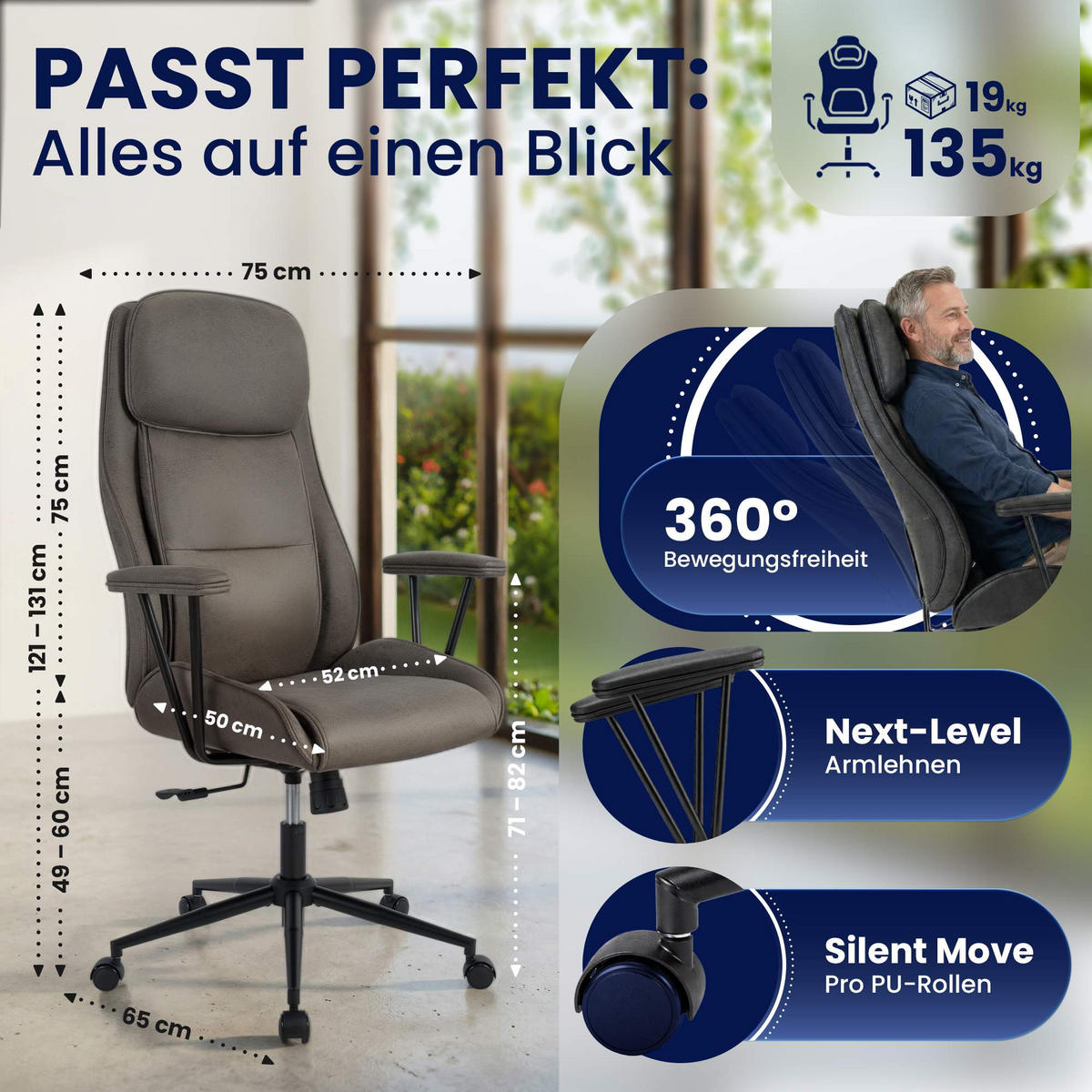 CHEFSESSEL Lederlook Antik-Grau - Schwarz/Grau, Textil/Metall (75/121/65cm) - CLP