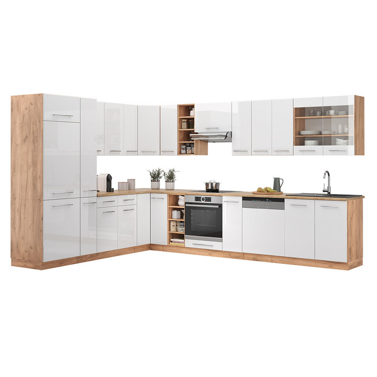 ECKKÜCHE Fame-Line Weiß Hochglanz/Goldkraft Eiche 347 x 257 cm ohne AP - Honigeiche/Weiß Hochglanz, Holzwerkstoff (347/81.6/46cm) - Vicco