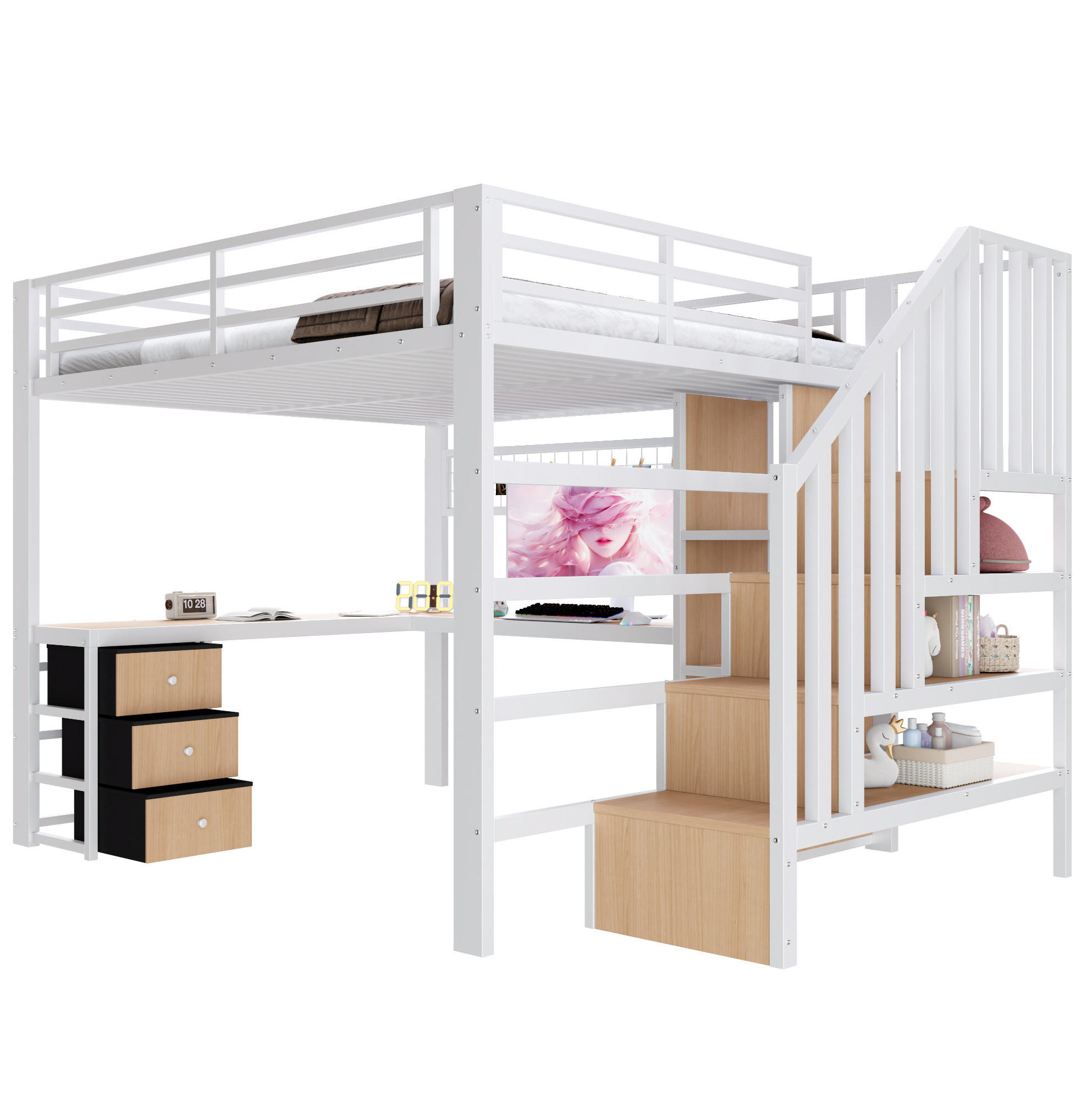 HOCHBETT aus Metall und MDF 140x200 cm Weiß mit LED-Lichtleiste, Schreibtisch und Stauraum - Weiß, Metall (140/200cm) - Modfu