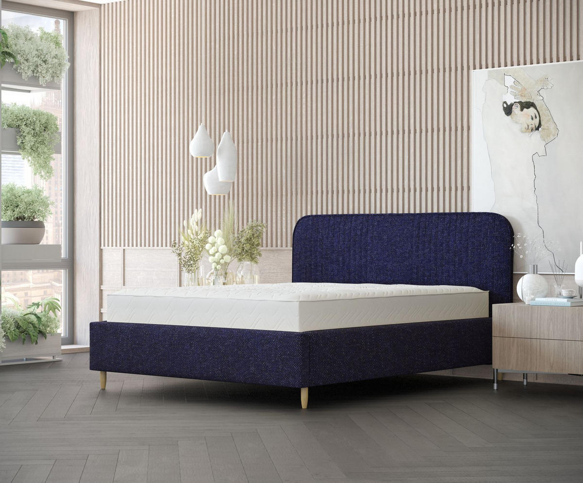 POLSTERBETT Livy Marineblau 160/200 cm im Chenille-Stoff - Naturfarben/Dunkelblau, Holz/Holzwerkstoff (160/200cm) - Maison de Reve