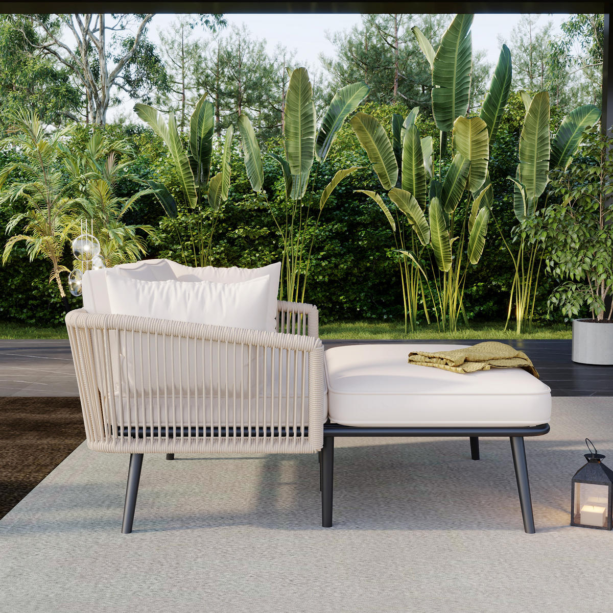 GARTENLIEGE 130/120/67 cm beige aus Stahl und Polyester mit abnehmbaren waschbaren Kissen - Beige, Textil (120/67/130cm) - OKWISH