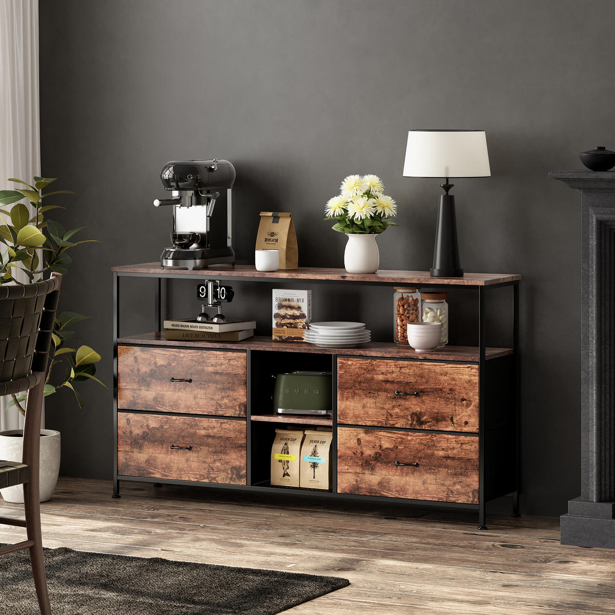 TV LOWBOARD 108x30x77 cm LED Metall Holz - Naturfarben, Holz (108/76.8/29.8cm) - LEBENLANG