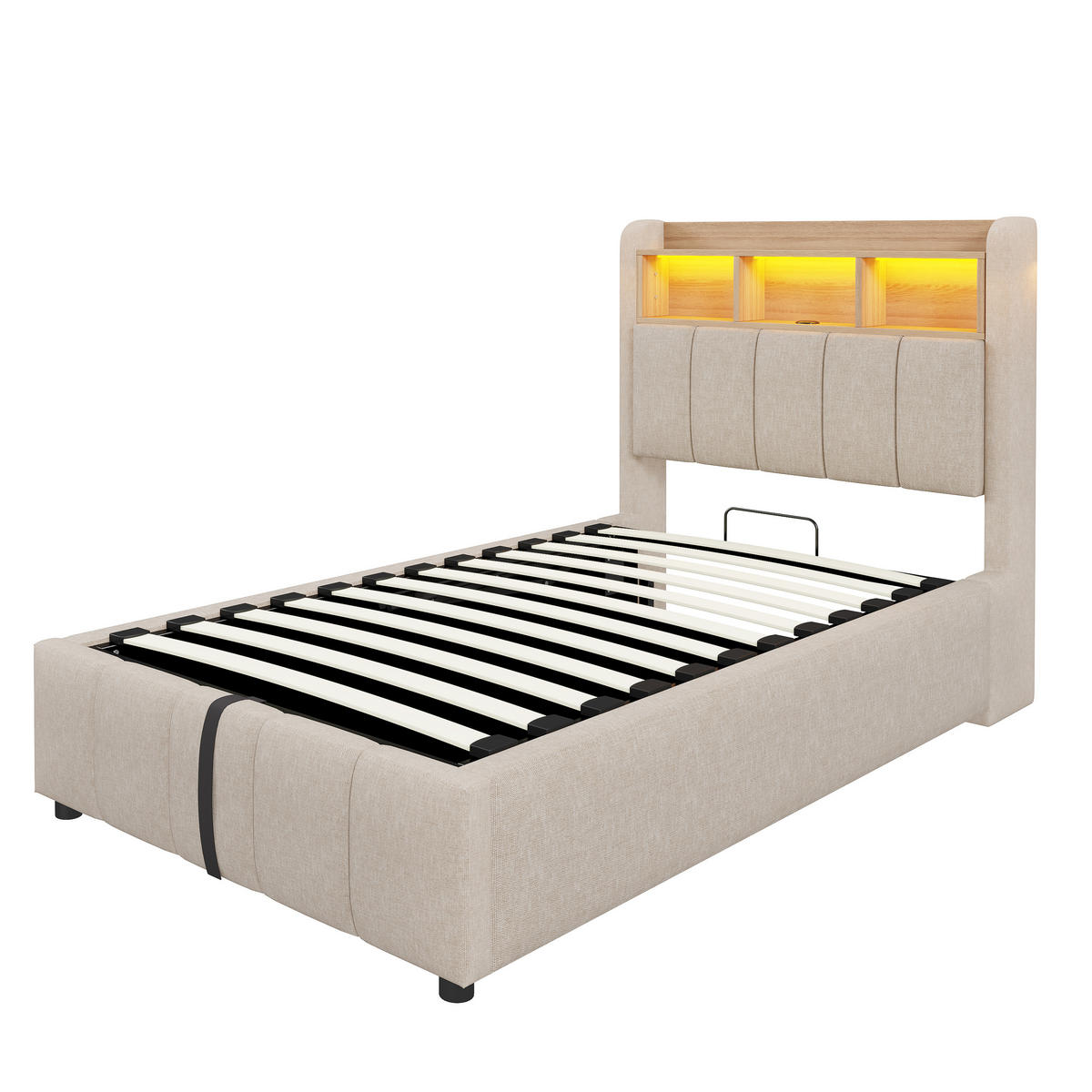 STAURRAUMBETT 90/200 cm DE-01949, in Beige, mit LED, USB und hydraulischem Stauraum - Beige, Metall (90/200cm) - ComfortXL