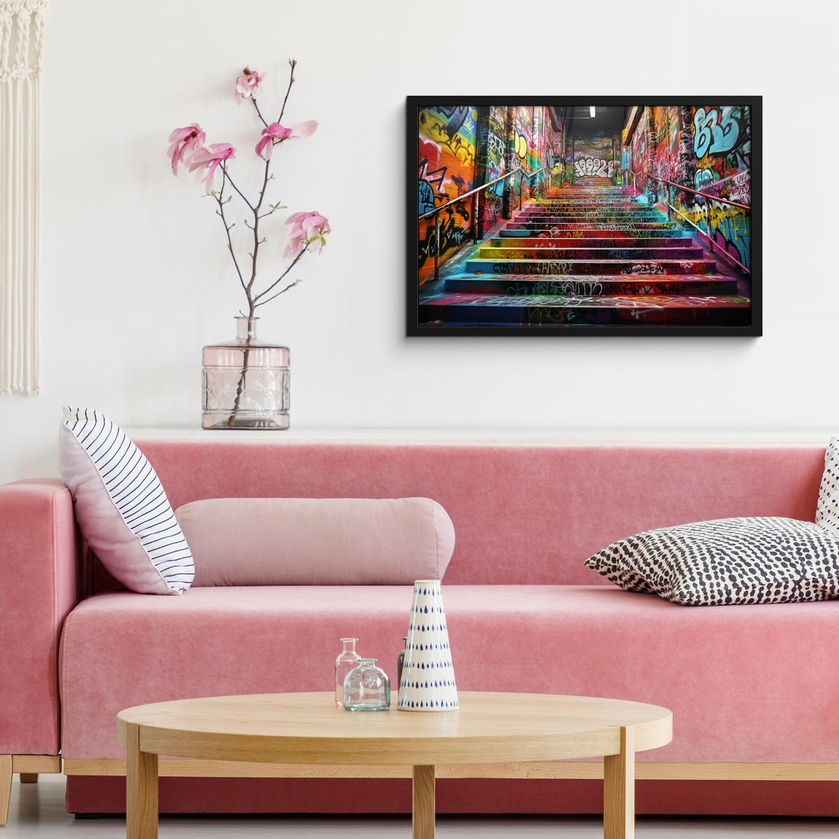 POSTER MIT RAHMEN Treppe - Graffiti - Farben - Kunst 60x40 cm - Multicolor, Papier (60/40cm) - MuchoWow