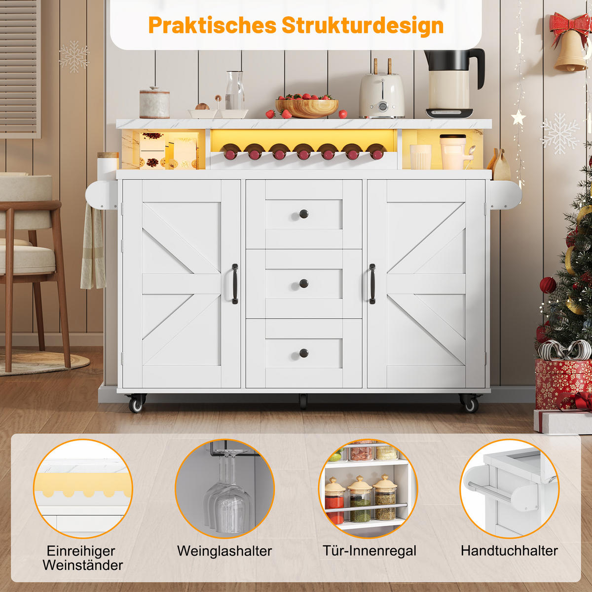 KÜCHENINSEL in Weiß Servierwagen mit klappbarer Arbeitsplatte für Küchen und Esszimmer, B120/T42(60)/H93 cm - Weiß, Holzwerkstoff (138/93/60cm) - STILVORA