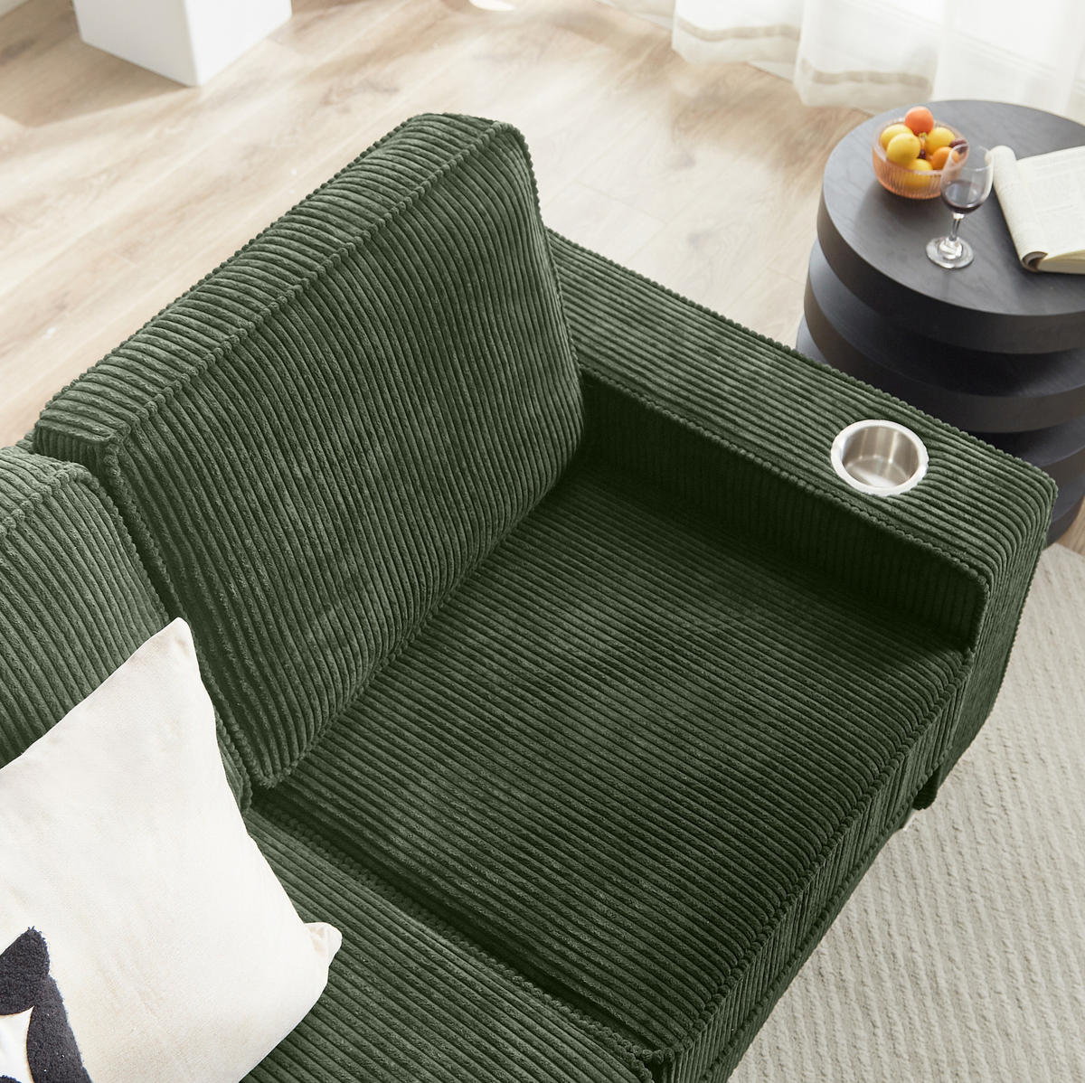 SOFA 3-Sitzer mit Getränkehaltern Cord Grün 206 cm - Grün, Holzwerkstoff (206/86/76cm) - Meubliv