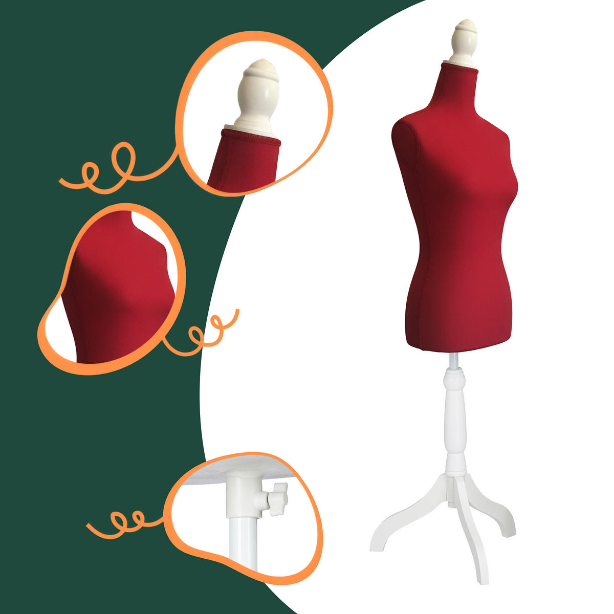 KREJČÍCKA busta - červená, drevo/textil (41/175/34cm) - Relaxdays