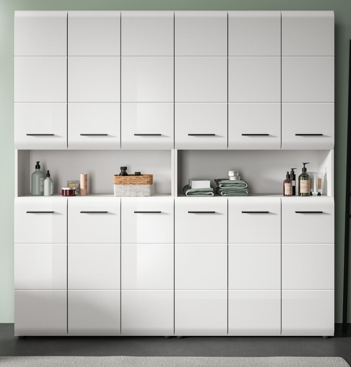 HOCHSCHRANK weiß Hochglanz 180 cm, Badezimmer Schrank mit viel Stauraum - Weiß Hochglanz/Silberfarben, Holzwerkstoff/Kunststoff (180/185/30cm) - Inn.Furn