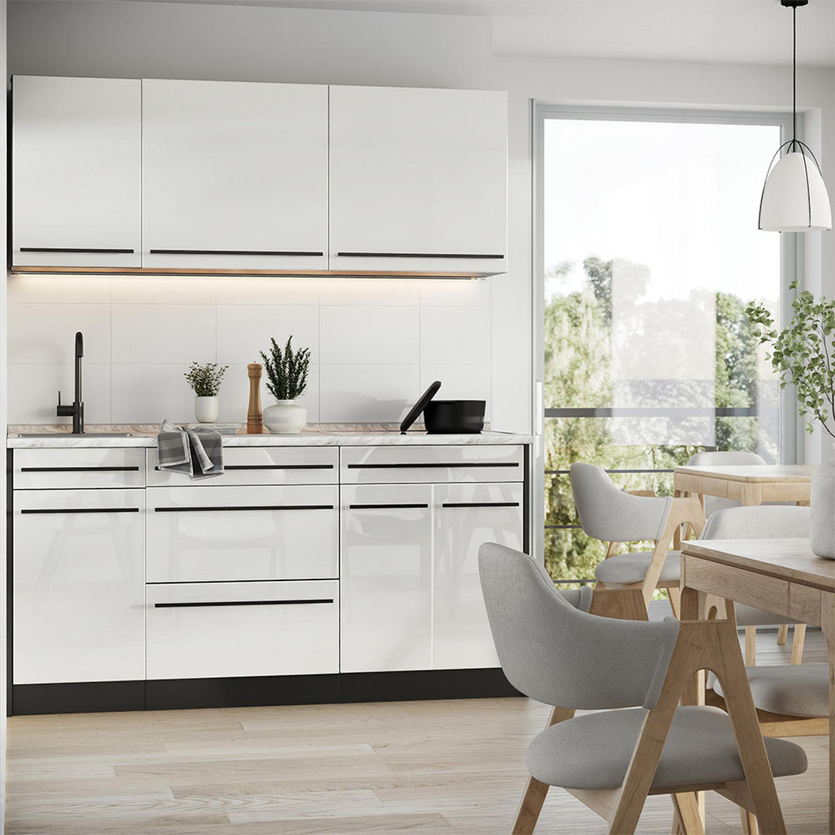 SINGLEKÜCHE R-Line, Weiß Hochglanz/Anthrazit, 160 cm ohne Arbeitsplatte - Weiß Hochglanz/Anthrazit, Holzwerkstoff (160/81.6/46cm) - Vicco