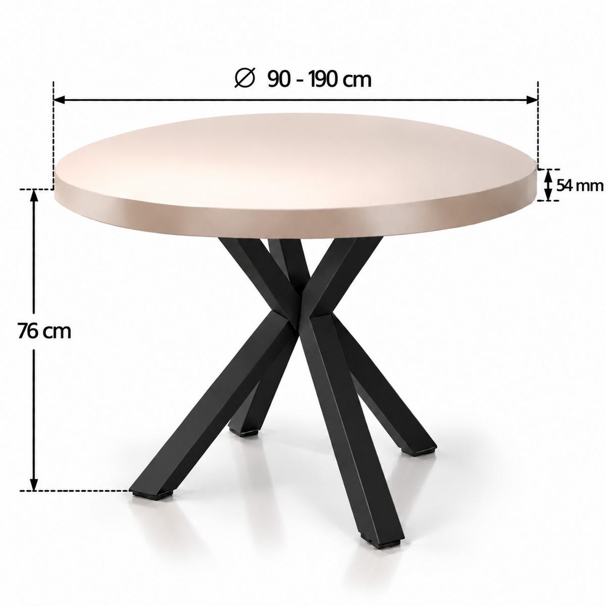 ESSTISCH rund ausziehbar 90/190/76 cm, Kaschmir, 54 cm Tischplatte + X Metallbeine Schwarz - Kaschmir/Schwarz, Holzwerkstoff/Metall (90/190/76cm) - Damale Möbel