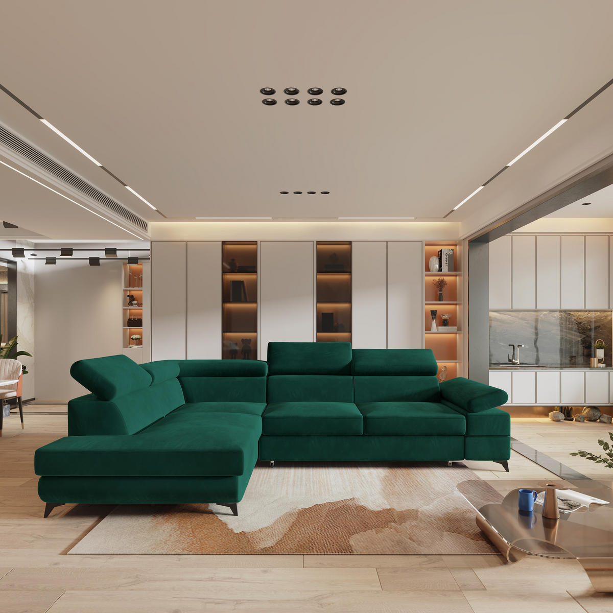 ECKSOFA FAVIEN L-S Grün Velours-Stoff mit Schlaffunktion - Grün, Holz (257/190cm) - MASSENO