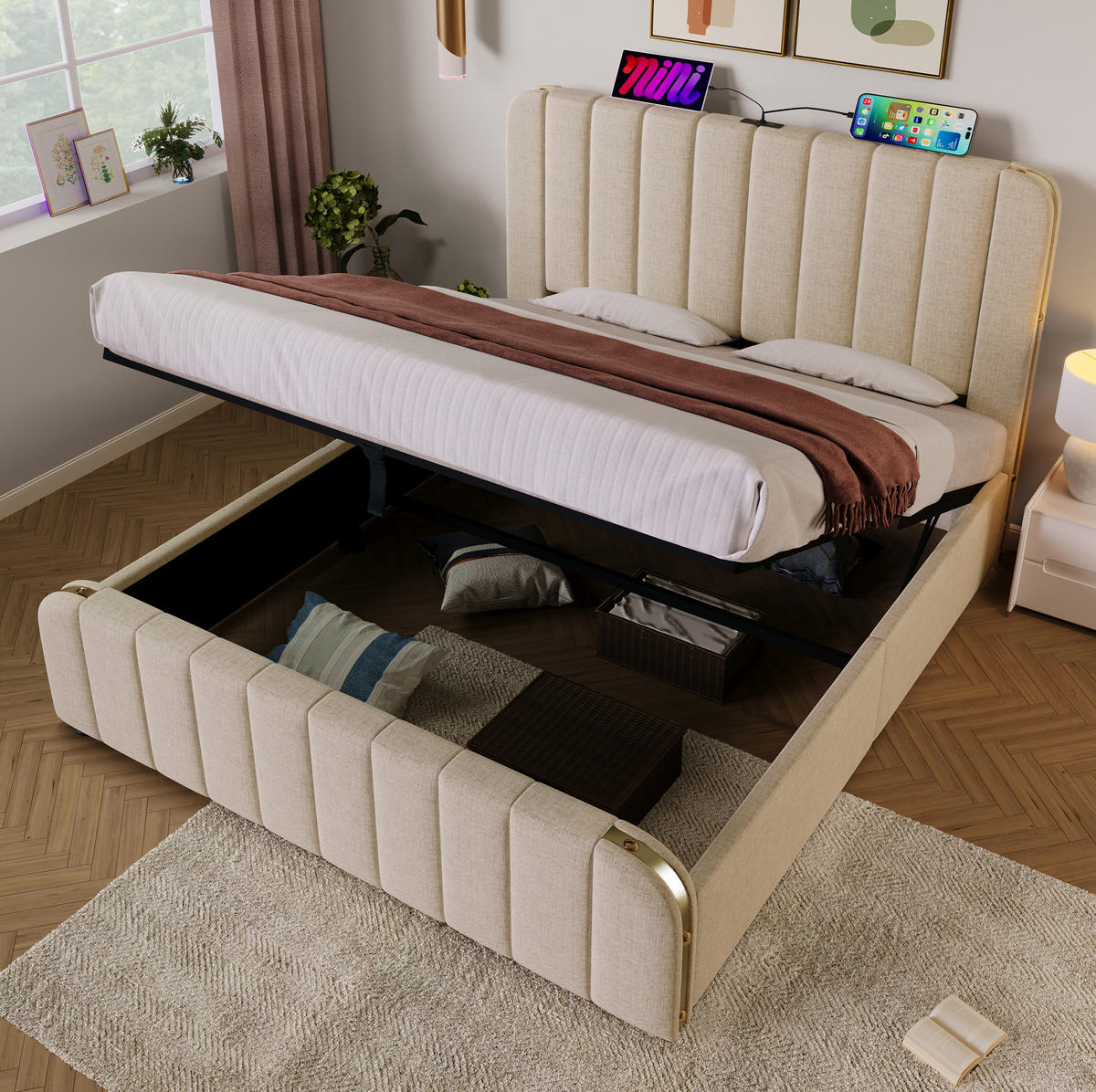 POLSTERBETT mit Stauraum und Matratze 140x200 cm Beige Leinen - Beige, Metall (140/200cm) - Meubliv