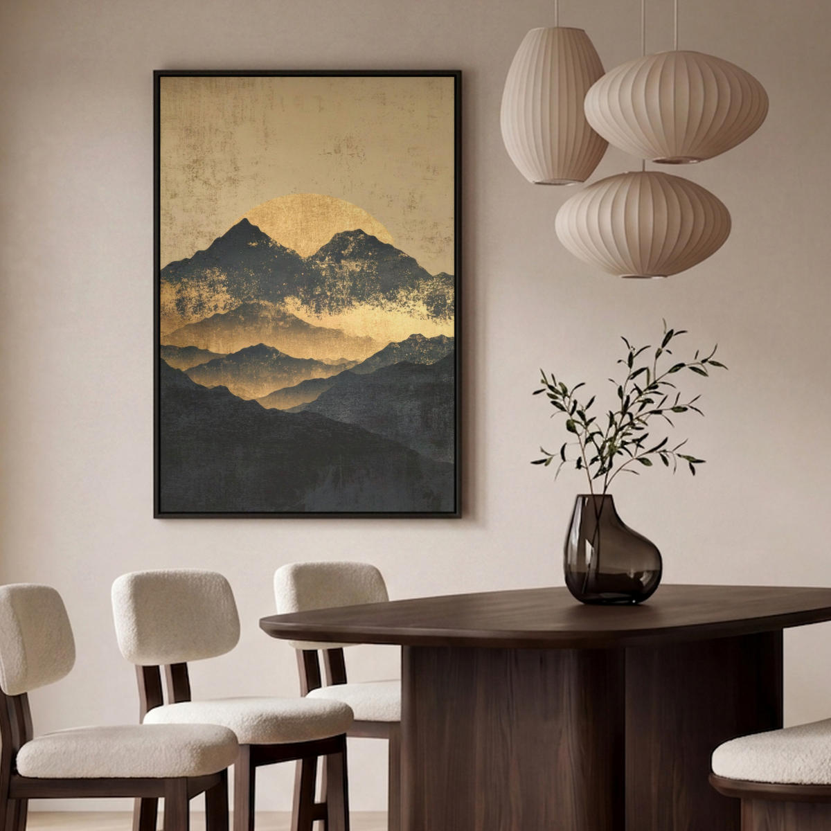 LEINWAND Bilder mit Rahmen - Goldene Berge bei Mondschein - 100x150 - Goldfarben, Textil (100/150cm) - MuchoWow