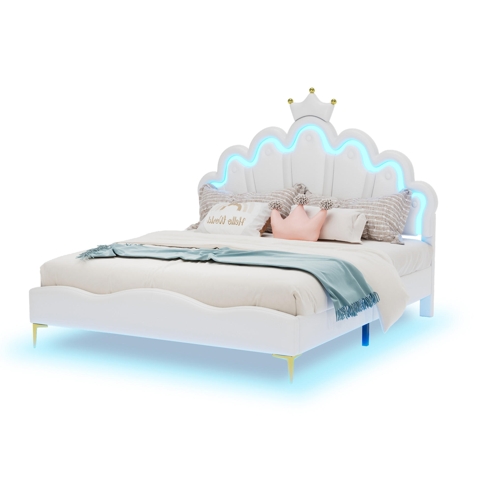 Modfu DĚTSKÁ postel z MDF a PU kůže 140x200 cm bílá s LED osvětlením, nastavitelnou výškou a čalouněným čelem