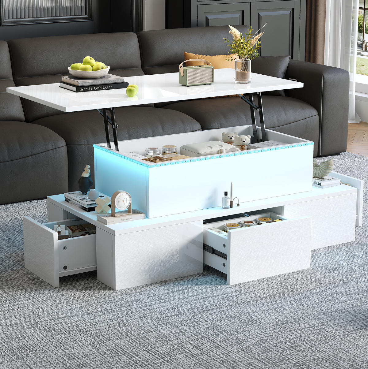 COUCHTISCH 100/50/40 cm mit Liftfunktion, LED-Beleuchtung, 4 Schubladen und verstecktem Stauraum, Weiß - Weiß, Holzwerkstoff (100/50/40cm) - Modfu