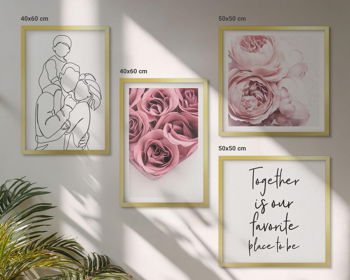 BILDER SET 4er Set - 50x50 cm & 40x60 cm Goldrahmen - Rosensträuße als Familienzeichnung - Goldfarben, Kunststoff (50/50cm) - TULUP