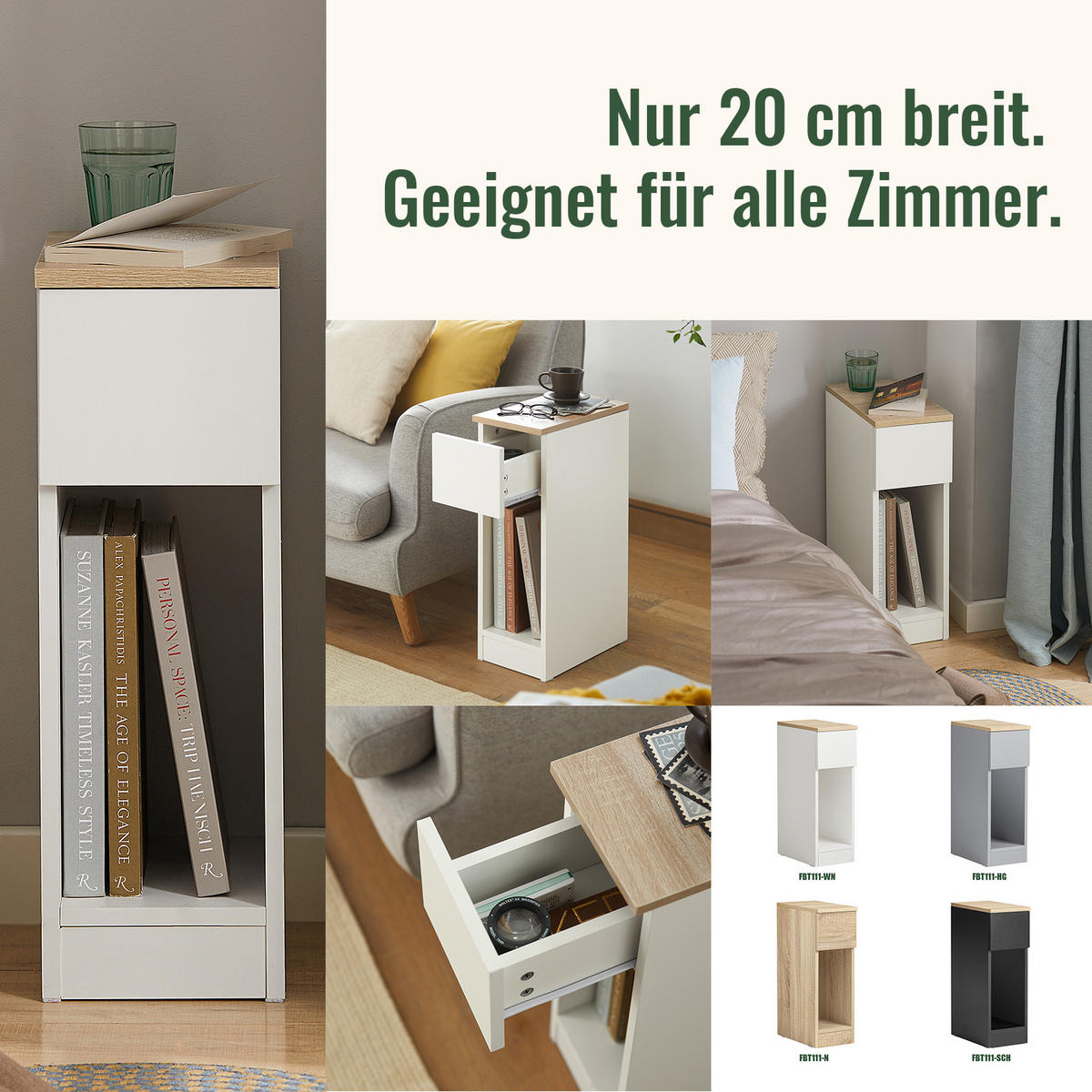 NACHTTISCH Schmal, Weiß, 20x60x35cm - Weiß, Holzwerkstoff (20/60/35cm) - SoBuy