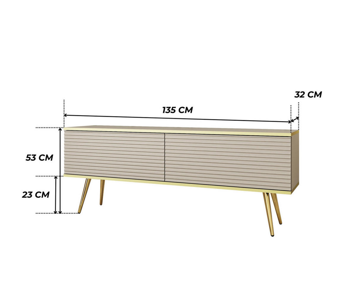 TV-BOARD FORNO (Beige, Rillenfront, Goldene Details, 2 Klapptüren, goldene Metallfüße, 135 cm) - Gelb/Beige, Holz/Holzwerkstoff (135/53/32cm) - Ravio