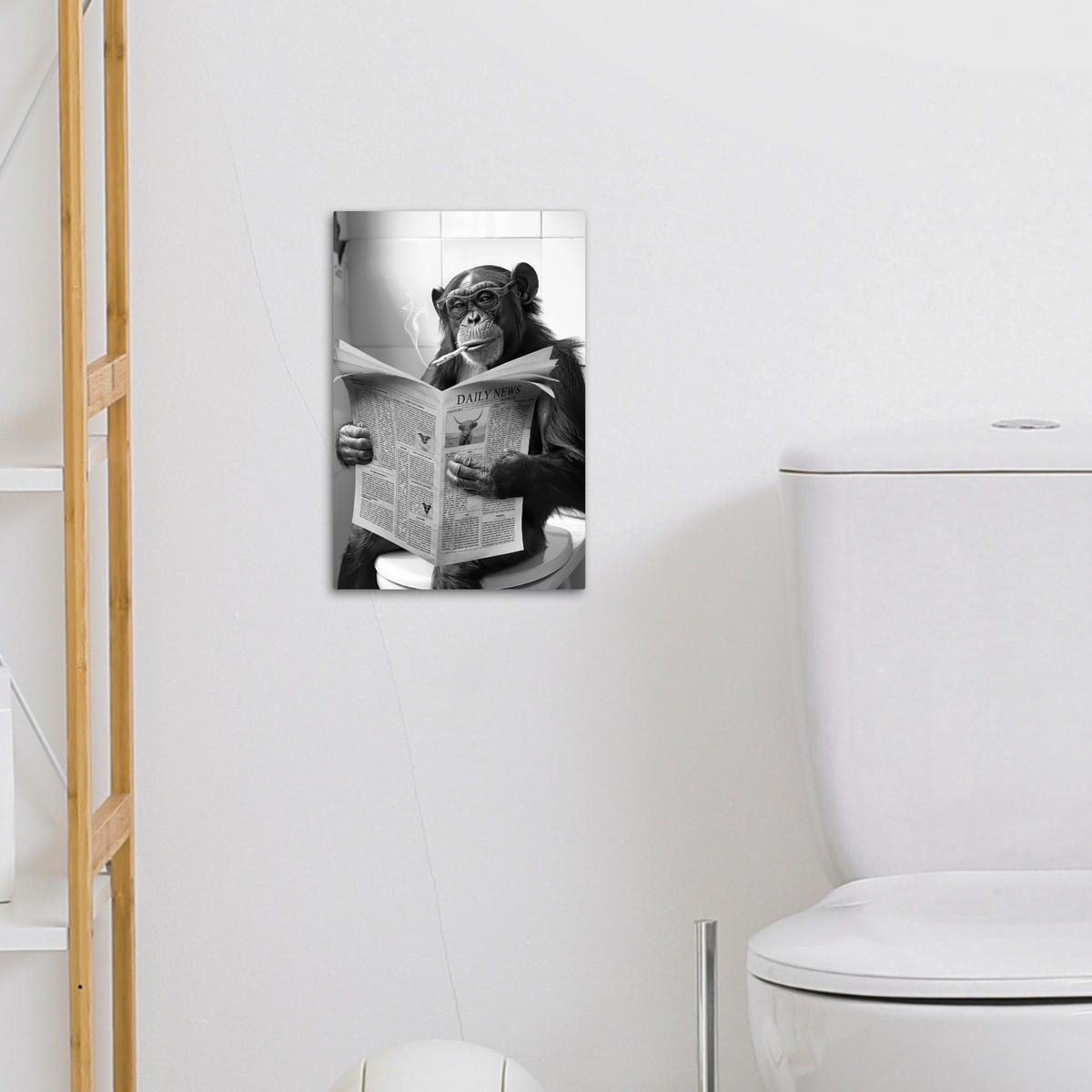 LEINWANDBILD Affe - WC - Zeitung - Schwarz-Weiß - Humor 20x30 cm - Hellgrau, Textil (20/30cm) - MuchoWow