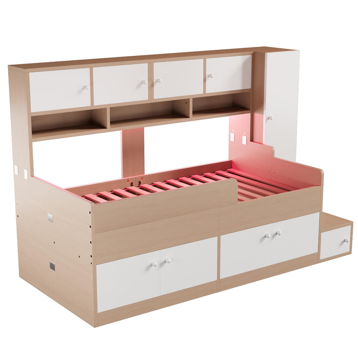 KINDEREINZELBETTEN aus MDF 90x200 cm in Naturholz mit LED-Beleuchtung & Stauraum - Naturfarben, Holzwerkstoff (90/200cm) - Modfu