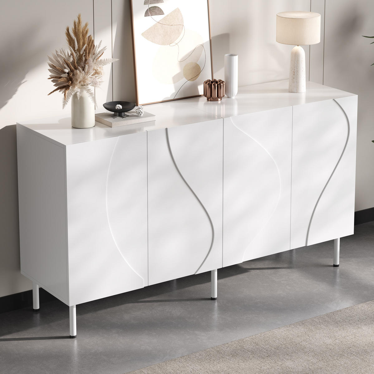 SIDEBOARD 3D Türen grifflos PB MDF Metallfüße modern - Weiß, Holzwerkstoff (40/77.5/140cm) - FLIEKS
