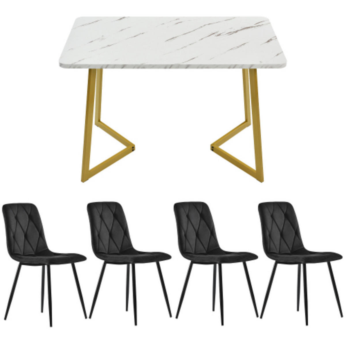 ESSGRUPPE 5-teilig mit Marmoroptik-Esstisch 117×68 und vier schwarzen Samtstühlen als modernes rechteckiges Küchenset, weiß-schwarz - Schwarz, Holzwerkstoff (68/75/117cm) - Luhomfu