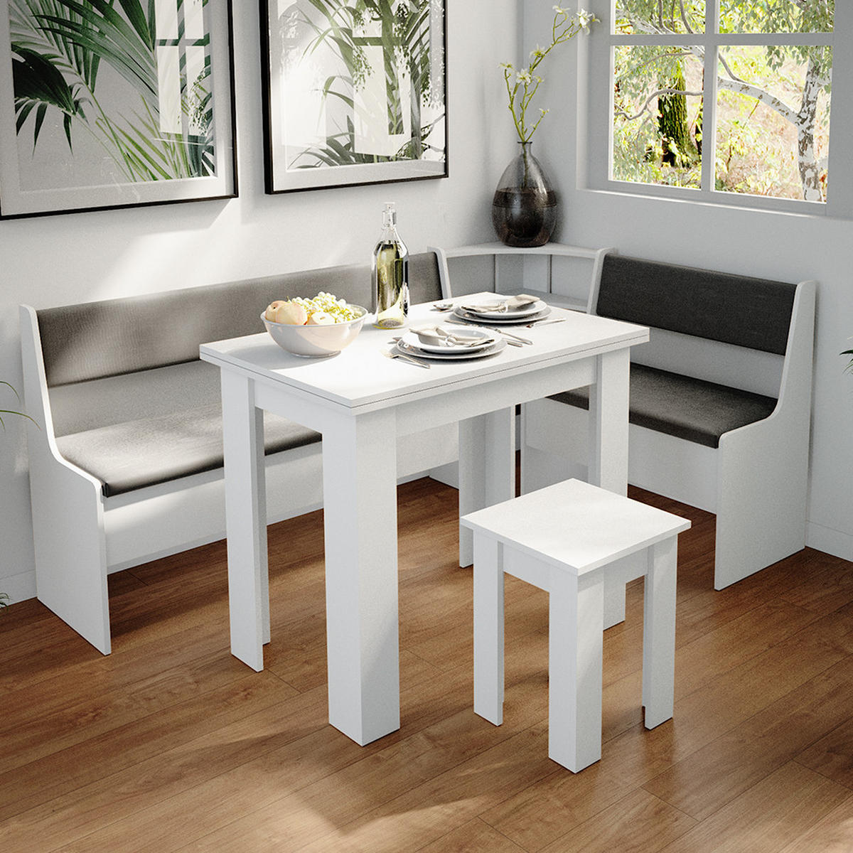 ECKBANKGRUPPE Roman Weiß 180 x 41.5 cm mit Tisch - Anthrazit/Weiß, Holzwerkstoff (180/80/120cm) - Vicco