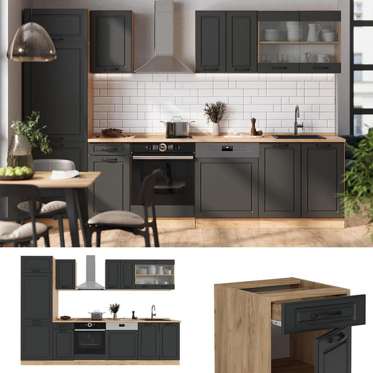 KITCHENETTE R-Line Casa de țară antracit / stejar auriu 300 cm , AP Stejar - stejar miere/antracit, compozit lemnos (300/206.8/60cm) - Vicco