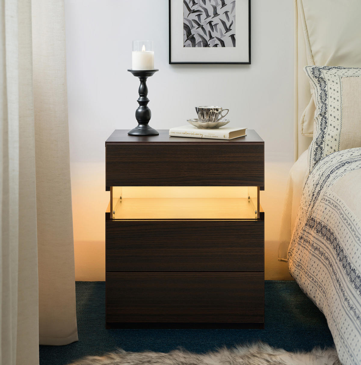 NACHTTISCH 48/38/61 cm mit LED-Beleuchtung in Walnuss mit 3 Schubladen - Walnussfarben, Holzwerkstoff (38/61/48cm) - BEAOK