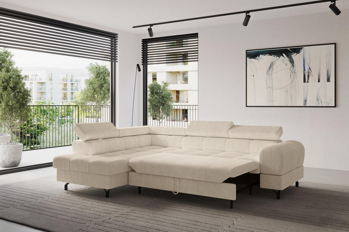 ECKSOFA mit Schlaffunktion Ottomane Links LUMA-L 272x203x70 Beige Cord - Beige/Schwarz, Holzwerkstoff/Kunststoff (272/203cm) - ALTDECOR