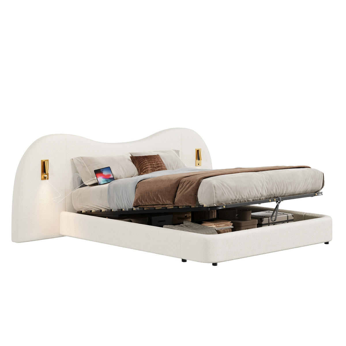 POLSTERBETT 180/200 cm weiß aus Bouclé mit hydraulischem Stauraum - Weiß, Textil (180/200cm) - OKWISH