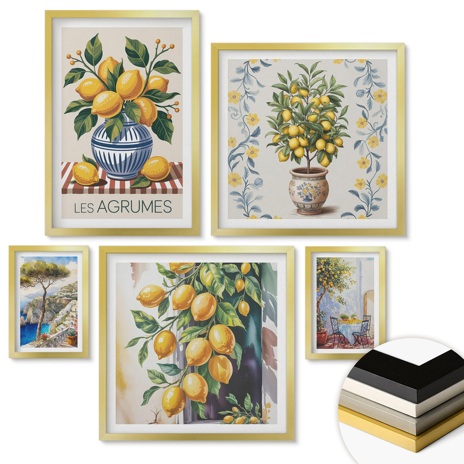 WANDBILDER 5er Set - 50x50 cm & 20x30 cm & 40x60 cm Goldrahmen - Zitronenbäume am Meer - Goldfarben, Kunststoff (40/60cm) - ArtPrintCave
