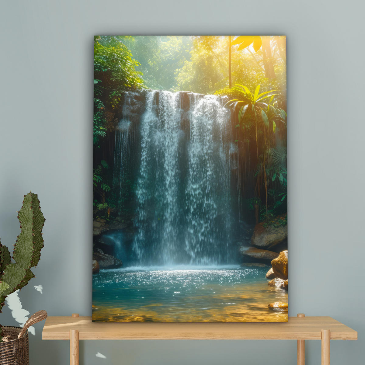 LEINWANDBILD Wasserfall - Dschungel - Sonne - Grün - Natur 60x90 cm - Grün, Textil (60/90cm) - MuchoWow