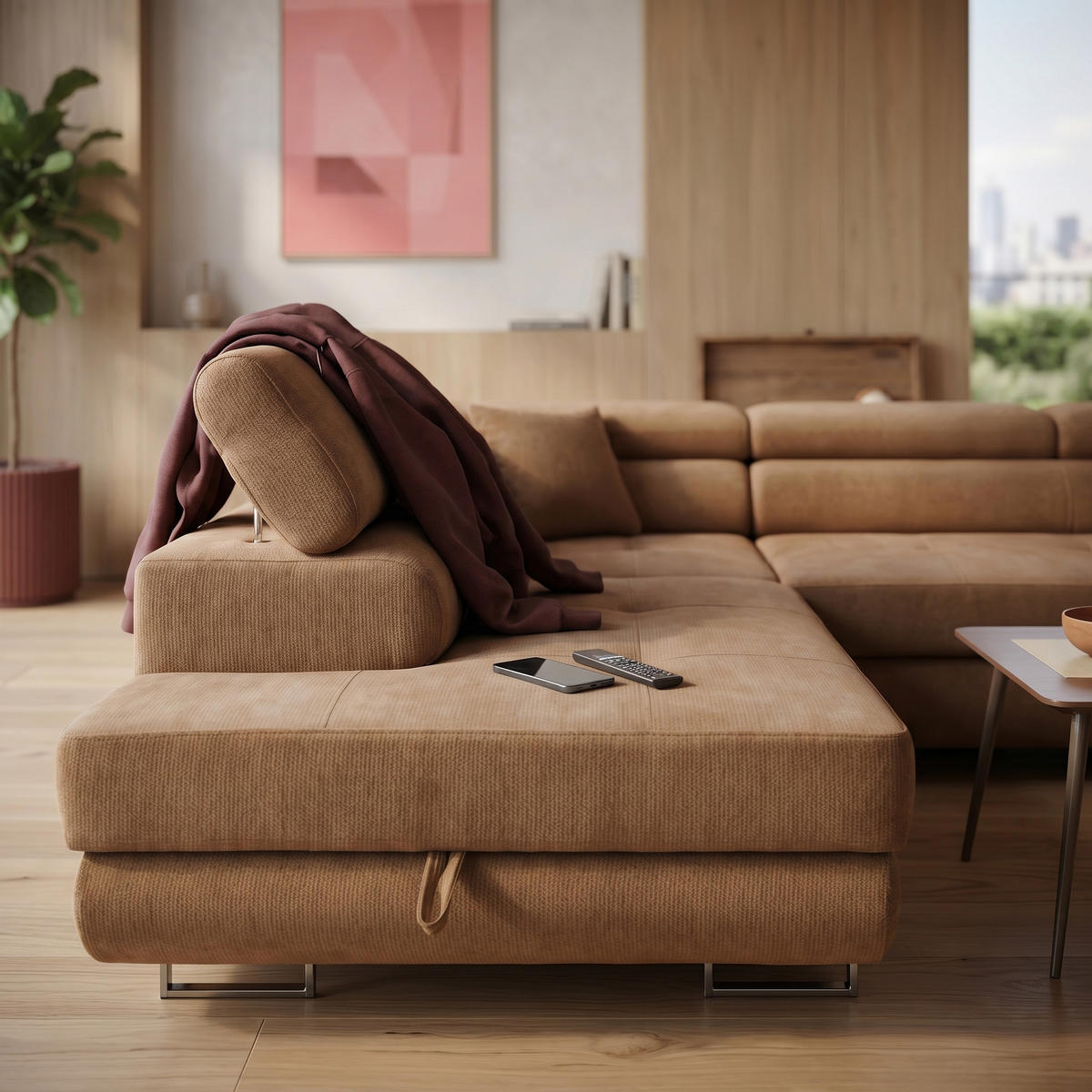 ECKSOFA U-Form WILD U Links mit Schlaffunktion 130x260 Chenille Braun - Silberfarben/Braun, Holz/Textil (350/90/203cm) - Muffo