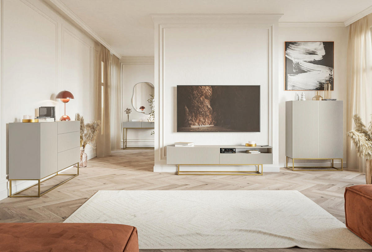 TV-SCHRANK Veldio Graubeige mit offenem Fach und goldenen Metallbeinen 175 cm - Greige/Goldfarben, Holzwerkstoff/Metall (175/46.5/31.6cm) - Selsey