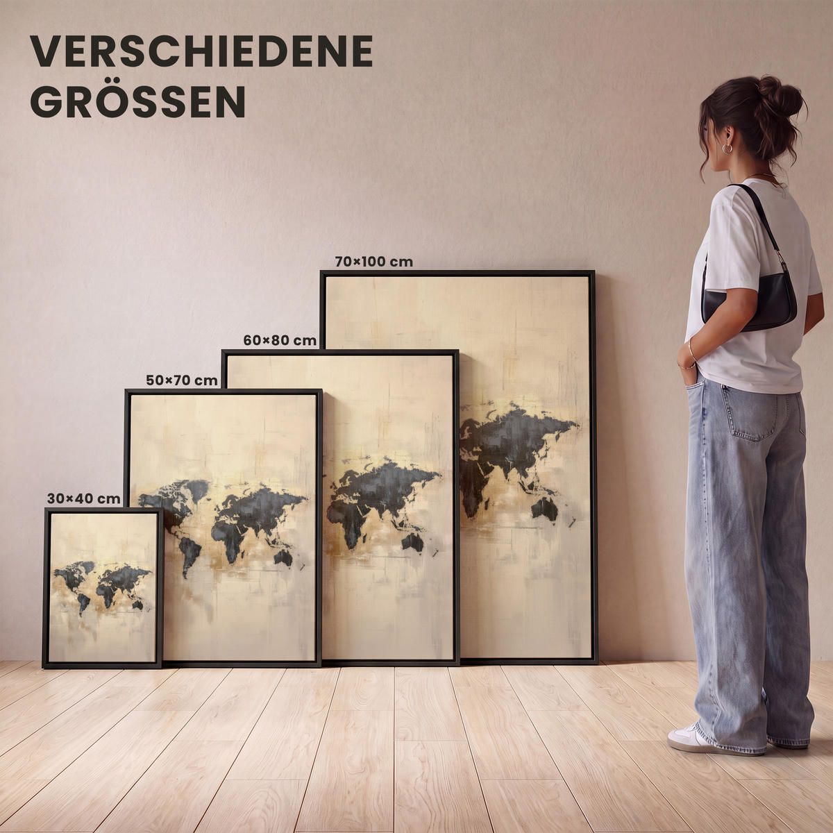 LEINWAND Bilder mit Rahmen - Weltkarte - Gold - Schwarz - Abstrakt - 60x80 - Kupferfarben, Textil (60/80cm) - MuchoWow
