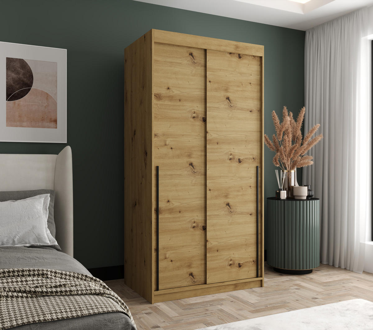 SCHWEBETÜRENSCHRANK 100 cm Breite Artisan mit schwarzem Griff - Schwarz/Eiche Artisan, Holzwerkstoff (100/200/62cm) - Home Collective
