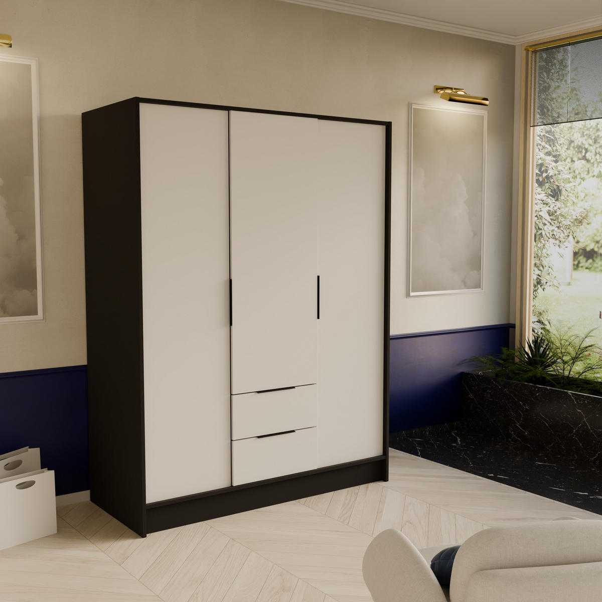 DREHTÜRENSCHRANK CAVA 150,5/200/51 cm Modern Kleiderschrank 3-türig Schwarz - Schwarz, Holzwerkstoff (150.5/200/51cm) - MASSENO