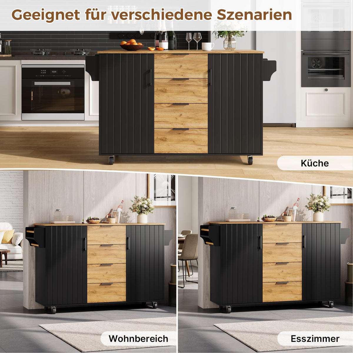 KÜCHENINSEL auf Rollen 120/45/90 cm Schwarz mit klappbarer Arbeitsplatte, 4 Schublade und Gewürzregal - Silberfarben/Schwarz, Holz/Holzwerkstoff (70/90/120cm) - Oxeza