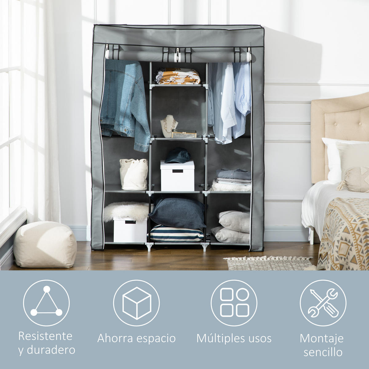 STOFFSCHRANK Grau 1 Stück - Grau, Holzwerkstoff (125/162.5/43cm) - GiPP