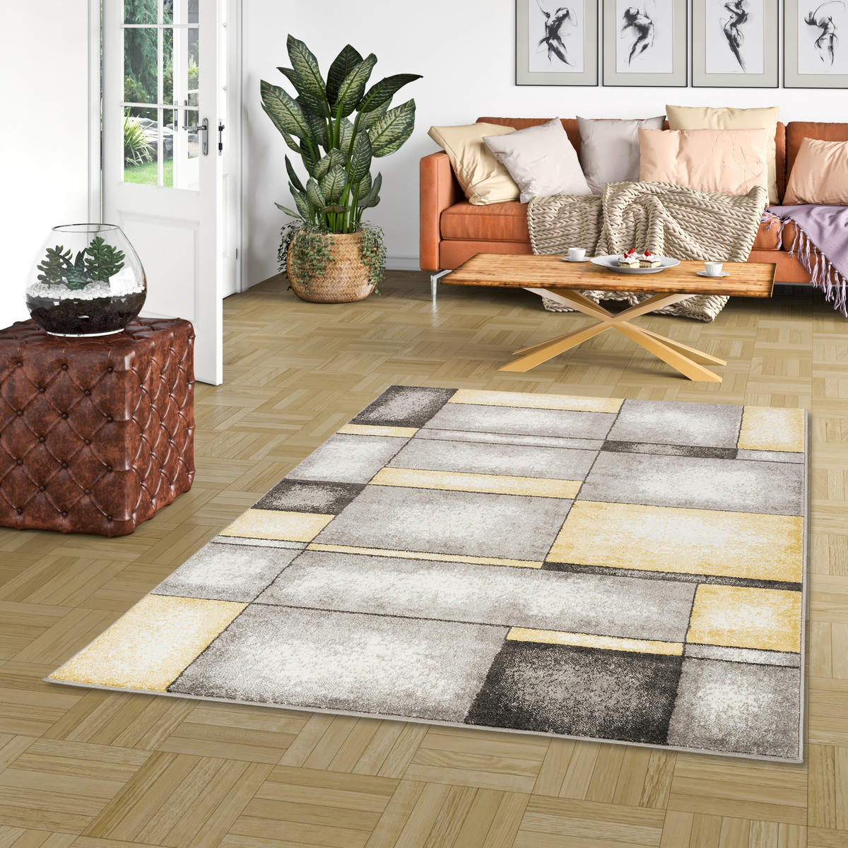 DESIGNER TEPPICH PASTELL IVY GRAU GELB KARO - Gelb, Textil (160/230cm) - Pergamon