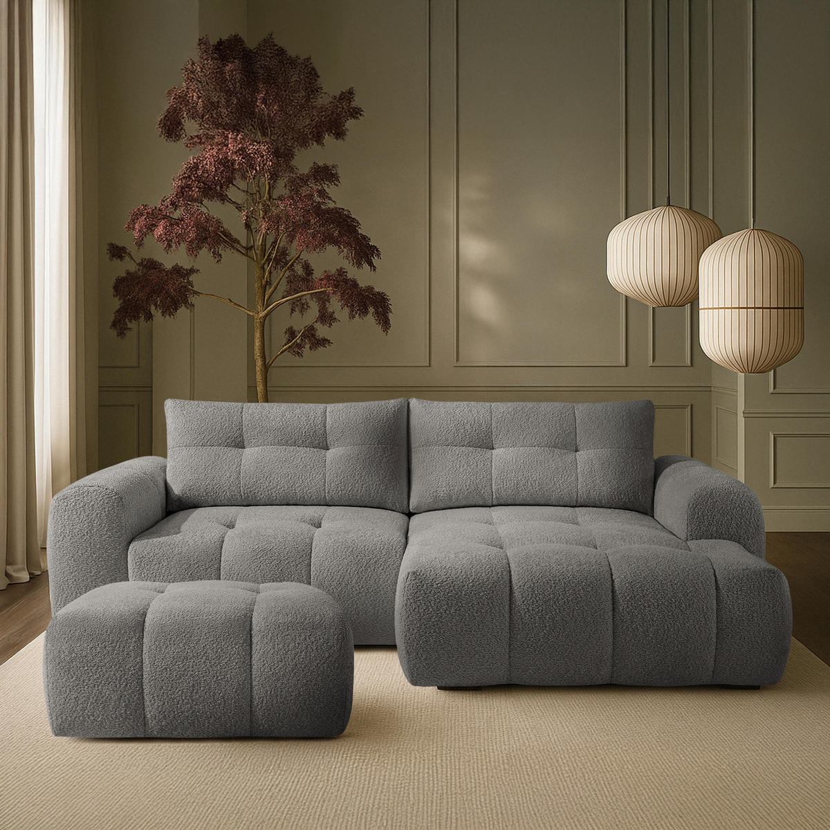 POUF RAVIA, Bouclé, Dunkelgrau - Dunkelgrau, Holz/Textil (96/45/50cm) - KONSIMO®