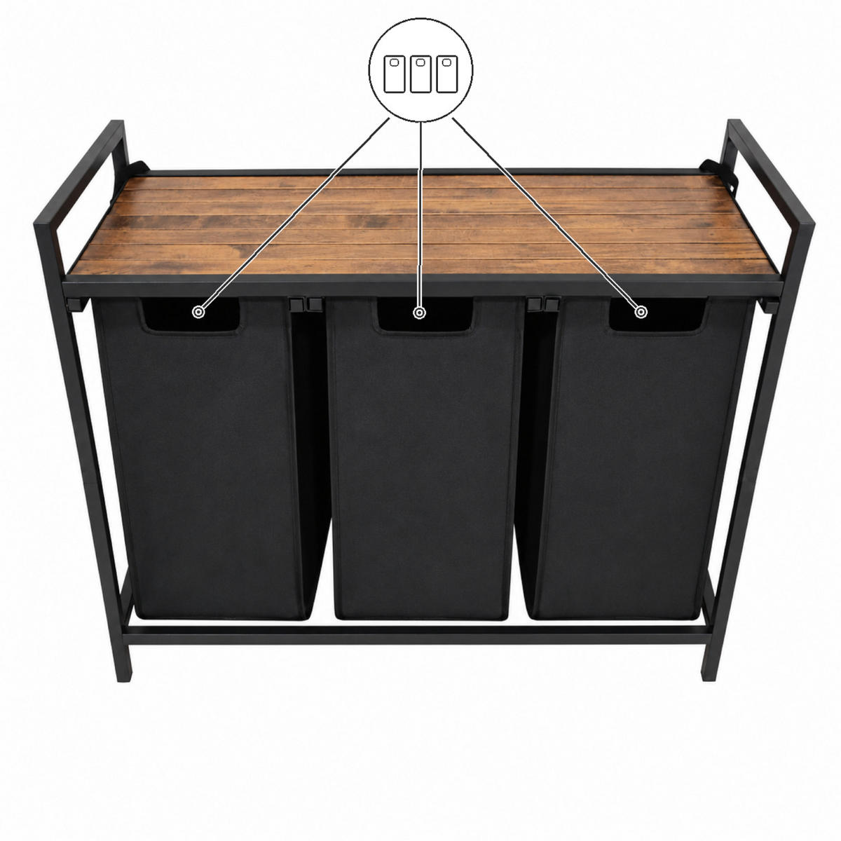 WÄSCHEKORB Metall Schwarz 3 herausnehmbare Wäschesäcke 114 Liter 92,5x33x71 cm - Dunkelbraun/Schwarz, Holzwerkstoff/Textil (92.5/71/33cm) - Begryf