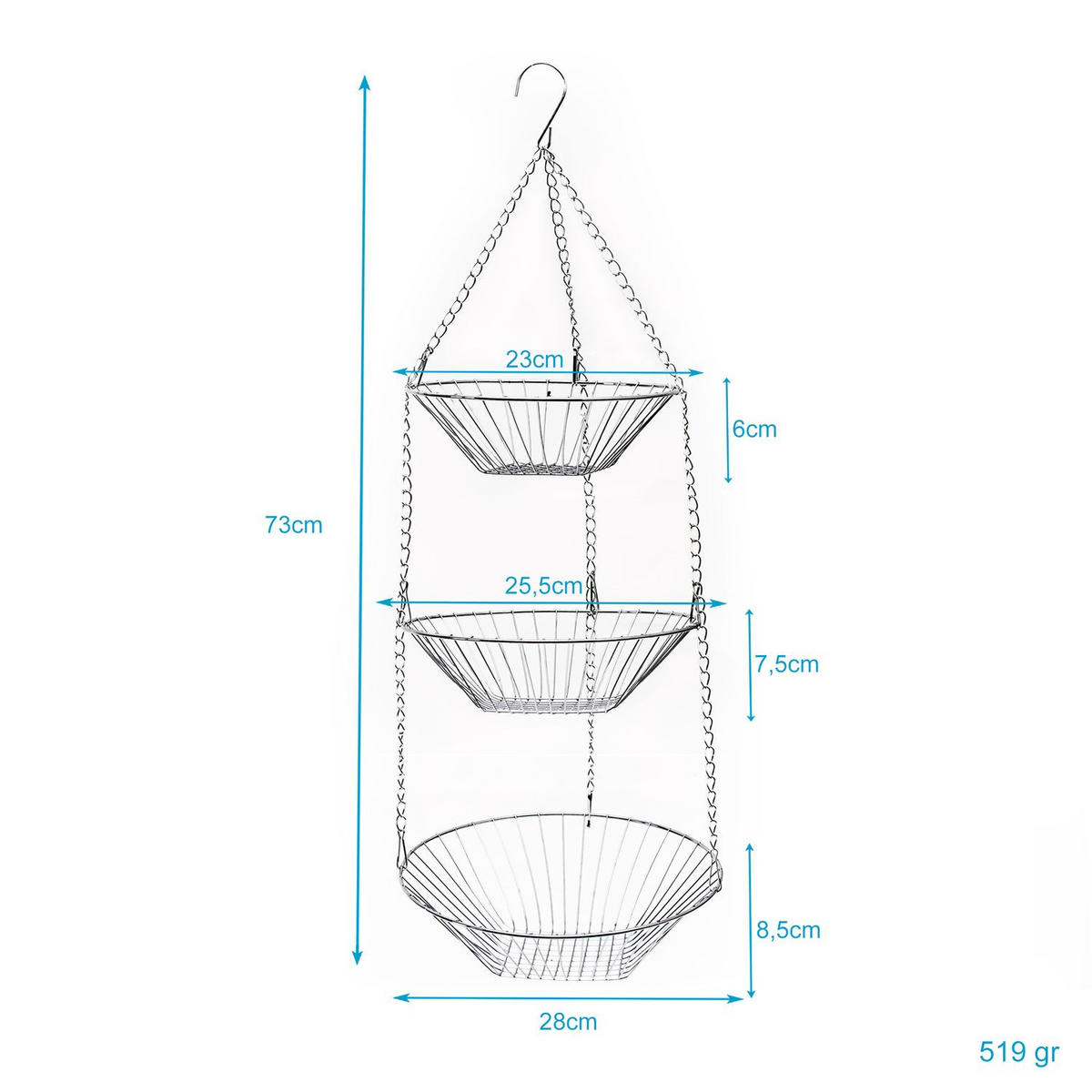 KÜCHENAMPEL Obstkorb 22.5 / 25.5 / 28 x 73 cm - Silberfarben, Metall (28/73/28cm) - Intirilife