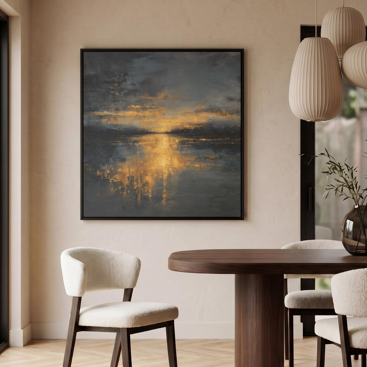 LEINWAND Bilder mit Rahmen - Goldene Reflexion auf dem Wasser - 90x90 - Anthrazit, Textil (90/90cm) - MuchoWow