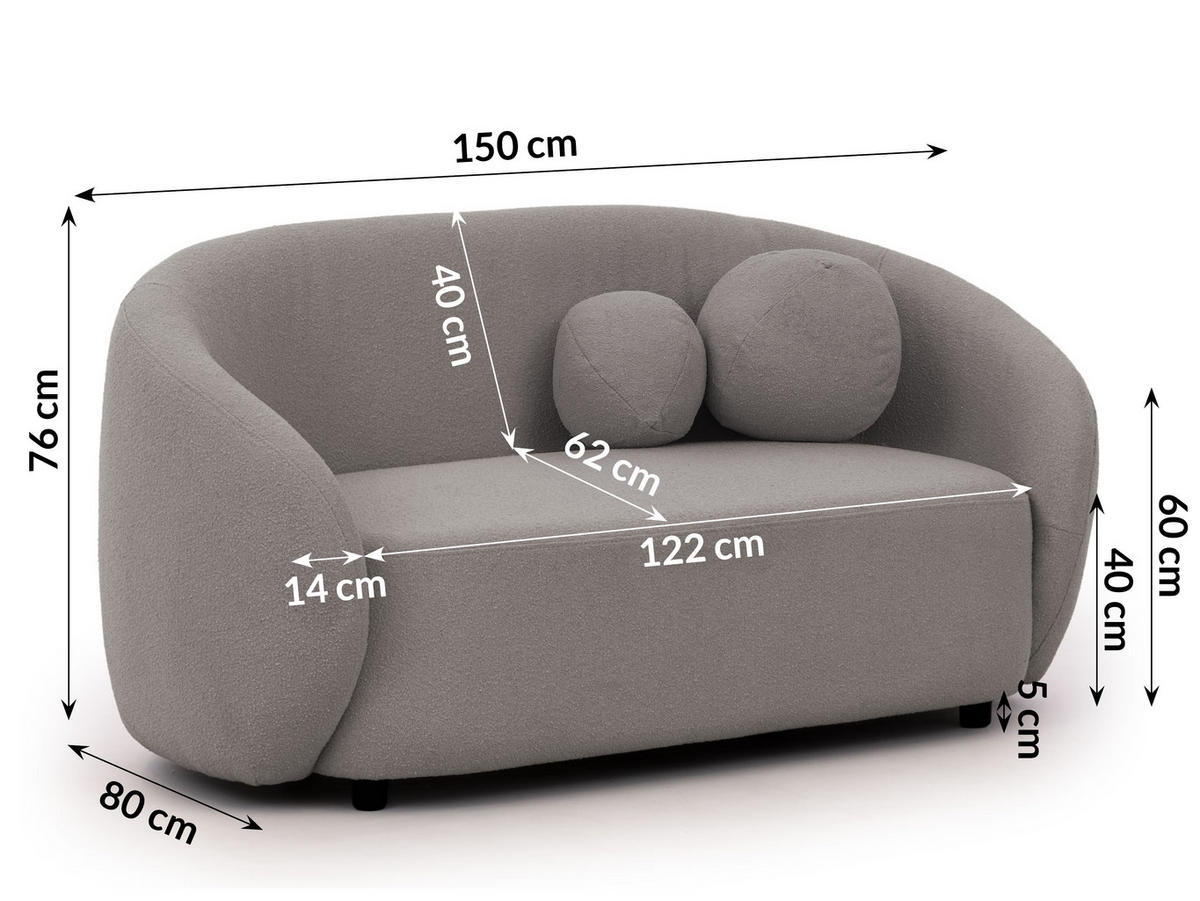 2-SITZER-SOFA Roundi Grau Bouclé - Schwarz/Grau, Holz/Kunststoff (150/76/80cm) - S-Style Möbel
