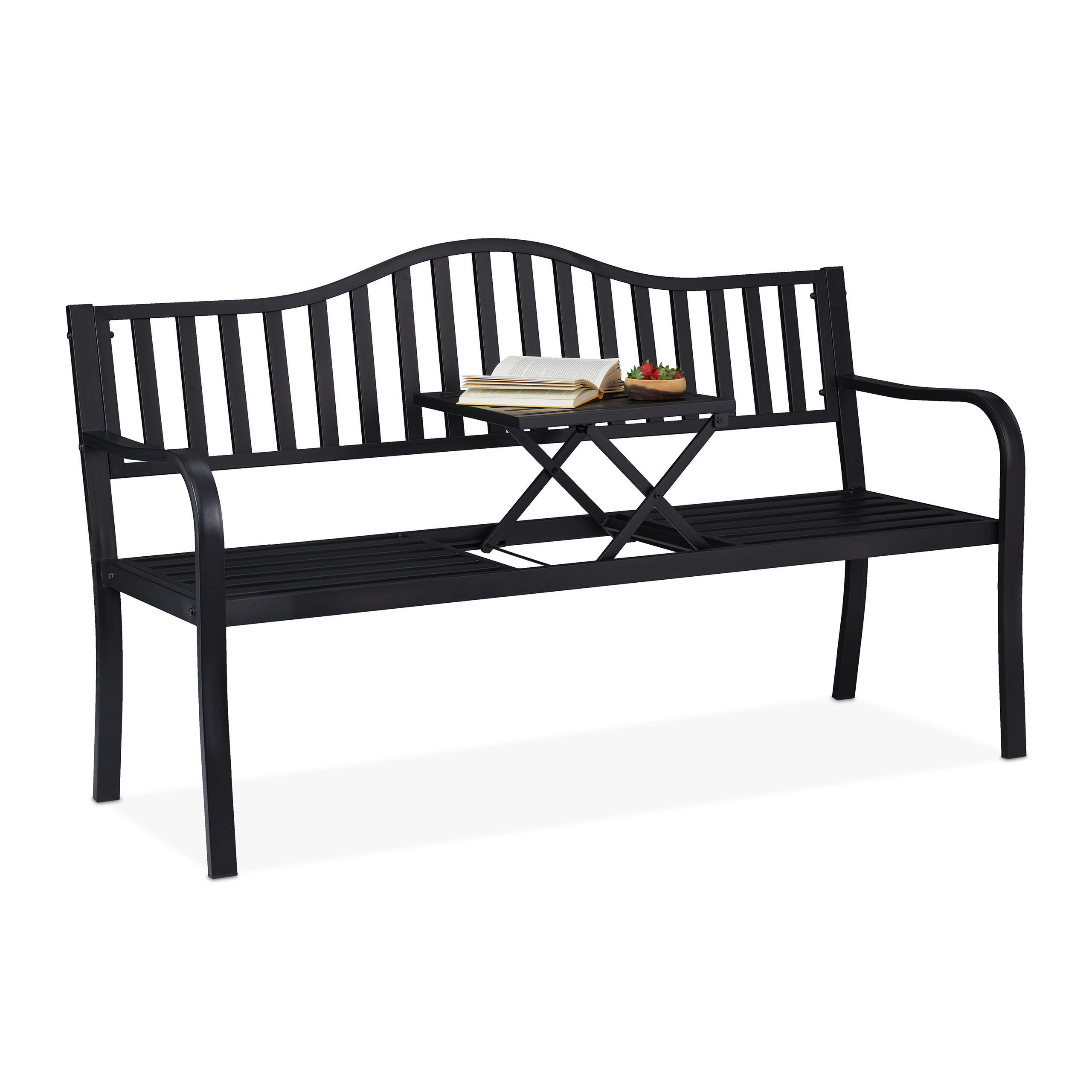 Relaxdays ZAHRADNÍ LAVICE černá s výklopným stolkem 3místná 150 cm