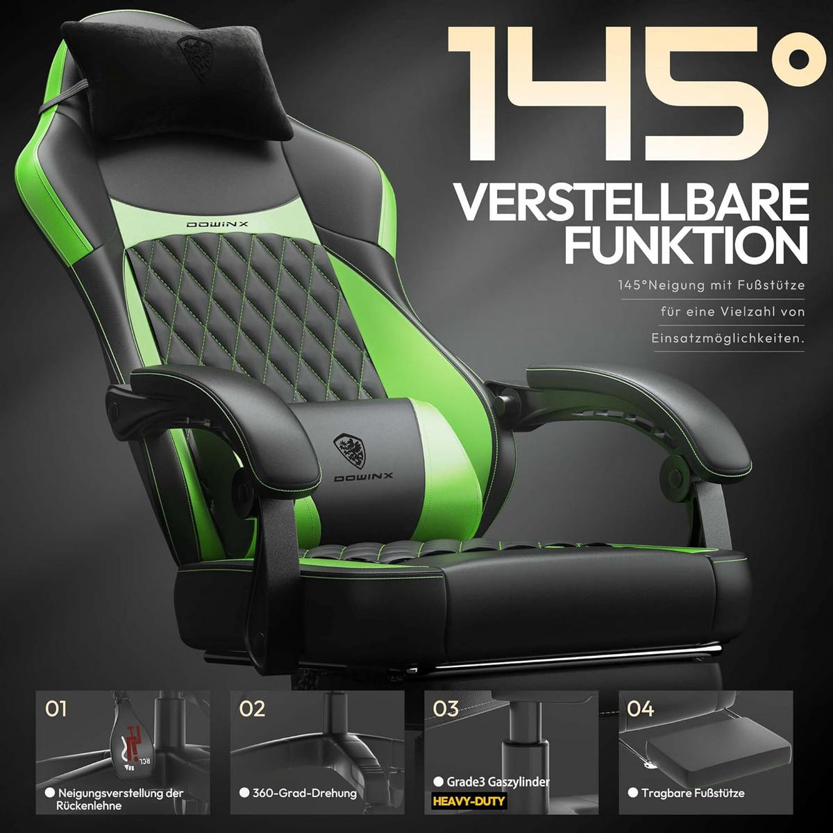 GAMING-STUHL ergonomischer mit Lendenwirbelstütze, Fußstütze, PU-Leder - Grün, Leder (65/127/63cm)